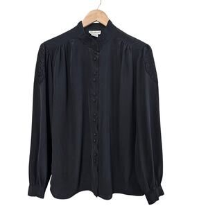 Vintage Black Lace Blouse Women Size 12 Floral Fairy Romantic Glam Evening Retro